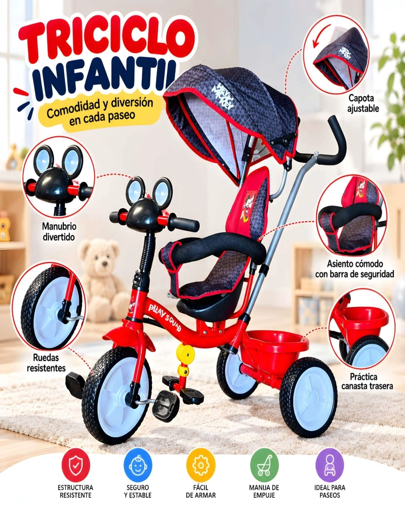 TRICICLO INFANTIL DE MICKEY MOUSE CON BARRA DE EMPUJE Y TOLDO - 1