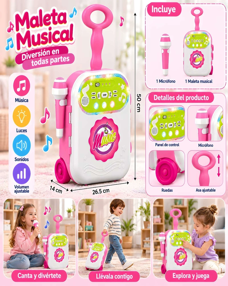 MALETA MUSICAL INFANTIL CON MICROFONO Y LUCES LED - 5