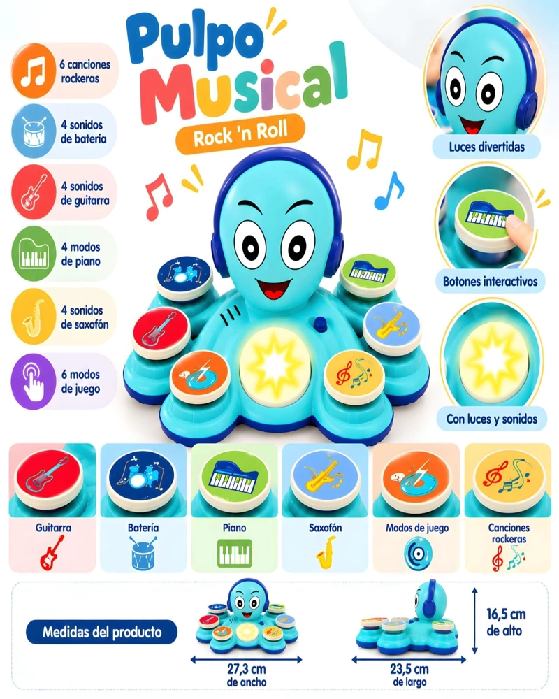 PULPO MUSICAL INFANTIL ROCK 'N ROLL CON LUCES Y SONIDOS - 5