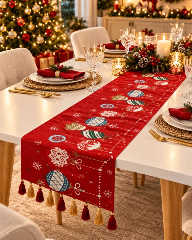 CAMINO DE MESA 33X180CM ESTAMPADO NAVIDEÑO CON BORLAS - 1
