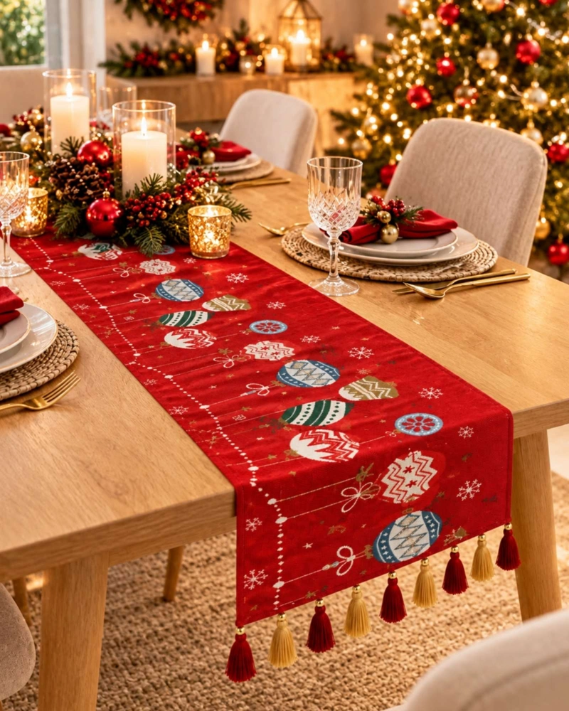 CAMINO DE MESA 33X180CM ESTAMPADO NAVIDEÑO CON BORLAS - 2