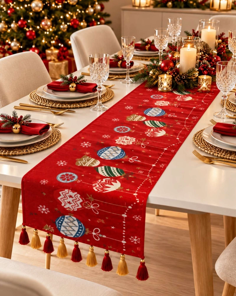 CAMINO DE MESA 33X180CM ESTAMPADO NAVIDEÑO CON BORLAS - 3