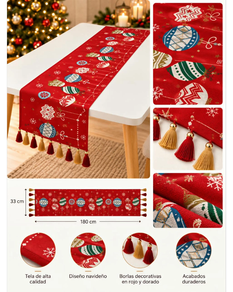 CAMINO DE MESA 33X180CM ESTAMPADO NAVIDEÑO CON BORLAS - 5