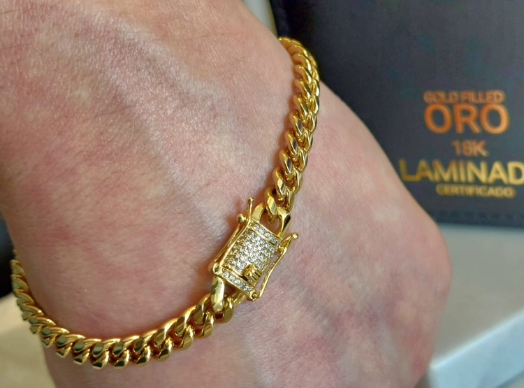 PULSERA TEJIDO CUBANA CON BROCHE CAJÓN DE BRILLANTES DE ORO LAMINADO 18K - 2