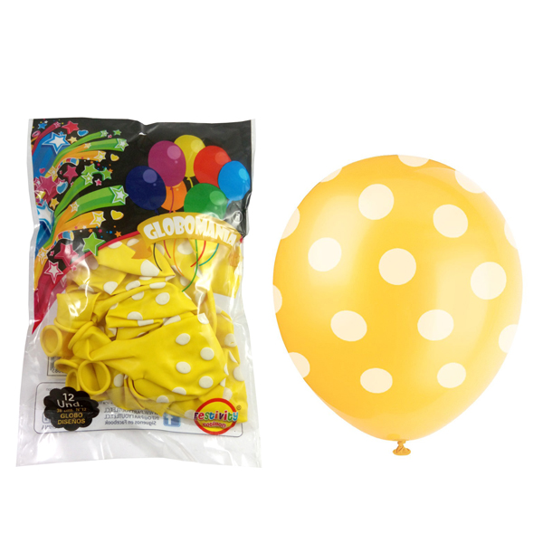 GLOBO 12 IMPRESO A POLKA AMARILLO X 12 UNI - 1
