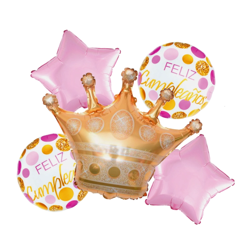SET 5 GLOBO FELIZ CUMPLE CORONA ROSADO X1 UNI - 1