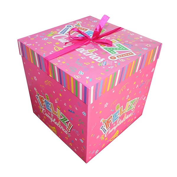 CAJA PLEGABLE FELIZ CUMPLE FUCSIA GIGANTE 30X30CM X12 UNI - 1