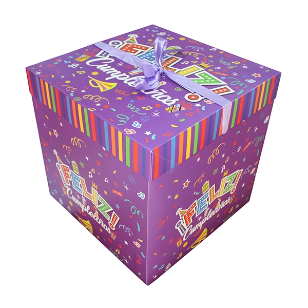 CAJA PLEGABLE FELIZ CUMPLE MORADO GIGANTE 30X30CM X12 UNI - 1
