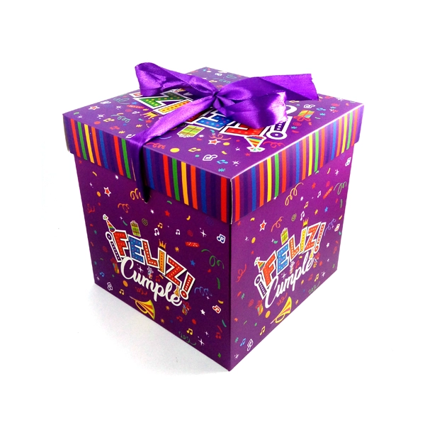 CAJA PLEGABLE FELIZ CUMPLE MORADO MEDIANA 15X15CM X12 UN - 1