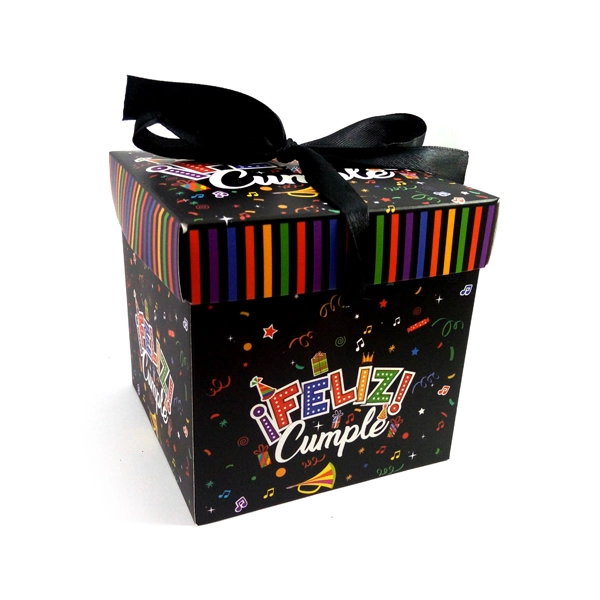 CAJA PLEGABLE FELIZ CUMPLE NEGRO MEDIANA 15X15CM X12 UNI - 1