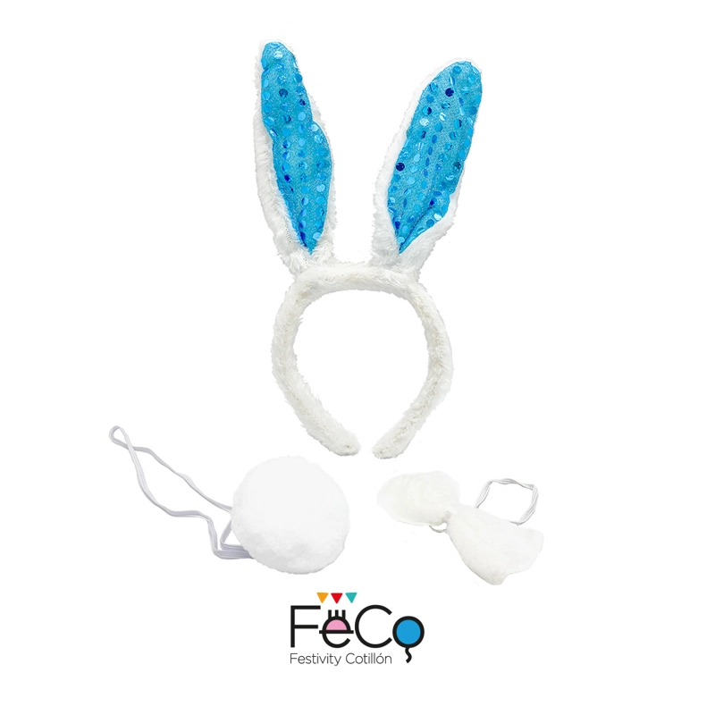 SET ANIMAL 3 PIEZAS CONEJO LENTEJUELA CELESTE X1 UNI - 1