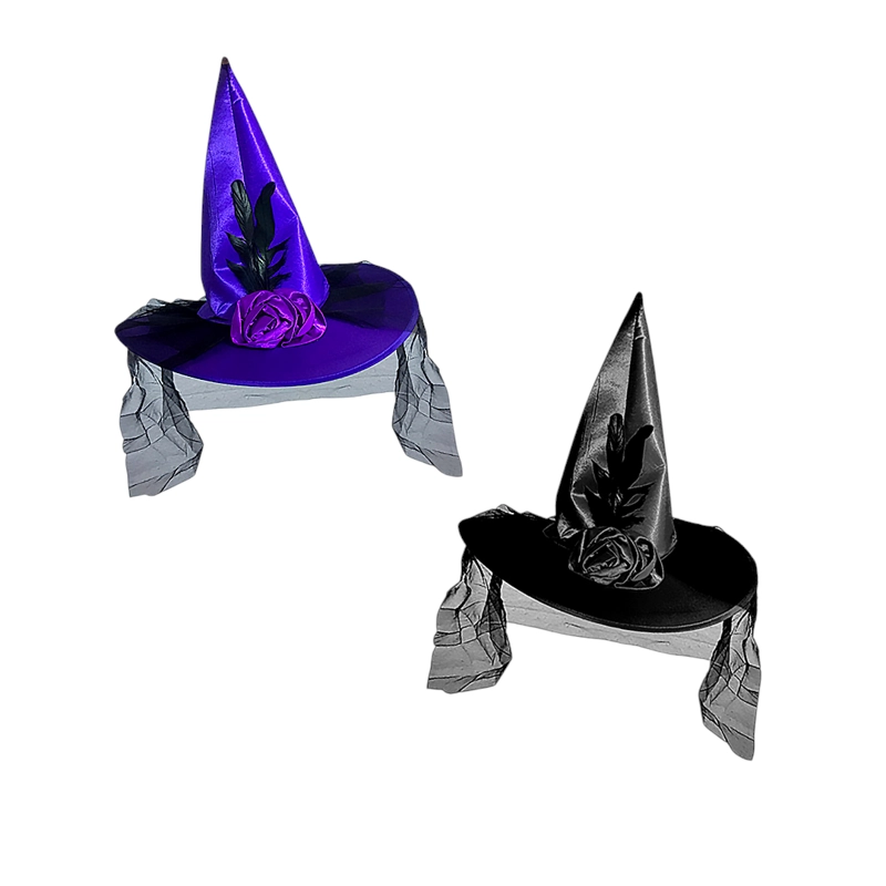 SOMBRERO BRUJA MORADO CON ROSAS ENCAJE X1 UNI - 1