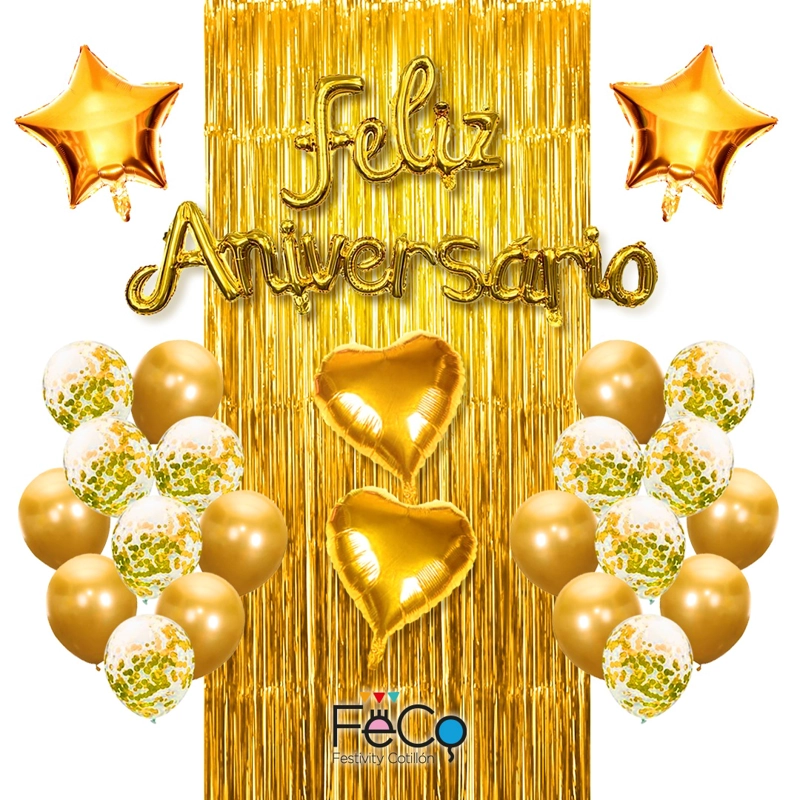 SET CORTINA GLOBO FELIZ ANIVERSARIO DORADO X1 UNI - 1