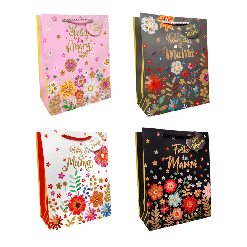 BOLSA DE REGALO FLOREADO FELIZ DIA MAMA GLITTER 26X32 X1UNI - 1