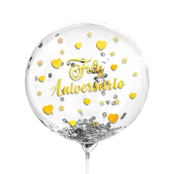 GLOBO BURBUJA CONFETTI FELIZ ANIVERSARIO DORADO X1 UNI - 1