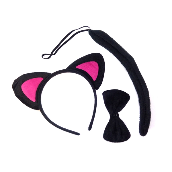 SET ANIMAL 3 PIEZAS CINTILLO GATO NEGRO OREJA FUCSIA X1 UNI - 1