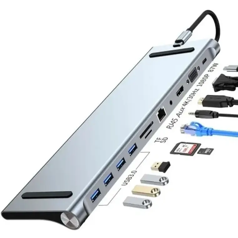 ADAPTADOR HUB 11 EN 1 USB TIPO C USB-C HDMI VGA USB LAN SD - 1