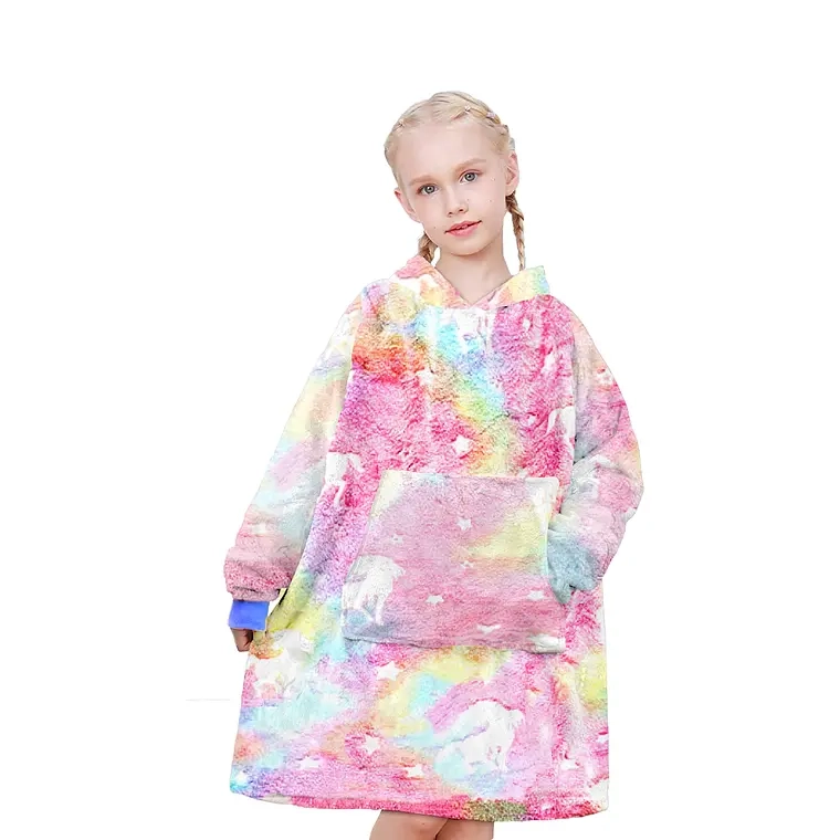 POLERON DE FRANELA CON CAPUCHA PARA NIÑOS LUMINOSO DISEÑOS (Unicornio Multicolor) - 1