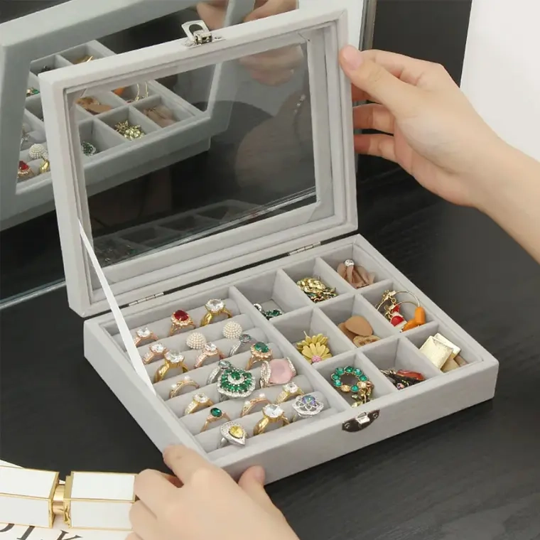 JOYERO ORGANIZADOR DE PLUSH PORTATIL MULTIUSOS GRIS - 1