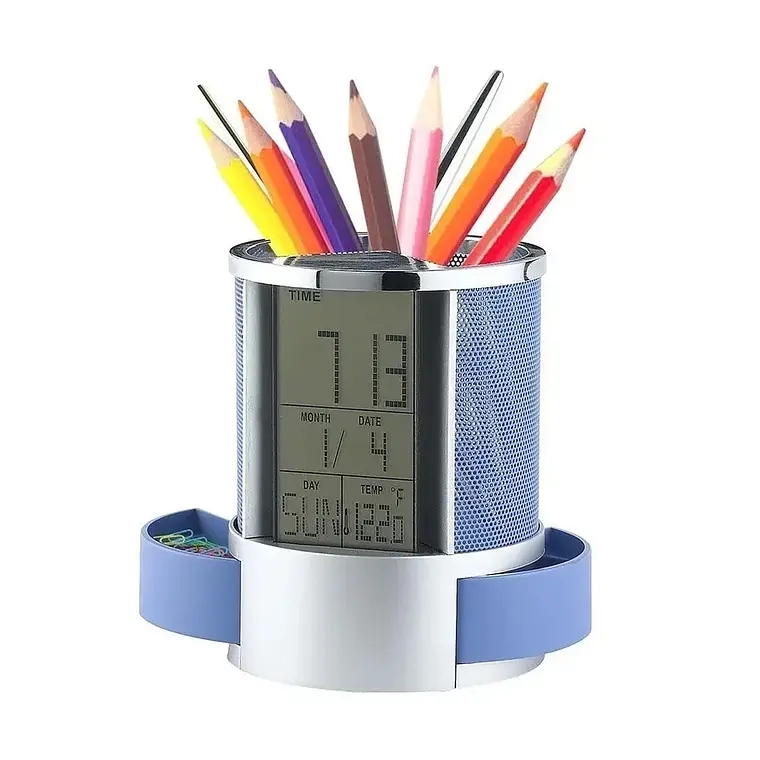 ORGANIZADOR BOLIGRAFO PORTALAPICES RELOJ ALARMA PANTALLA LCD - 1