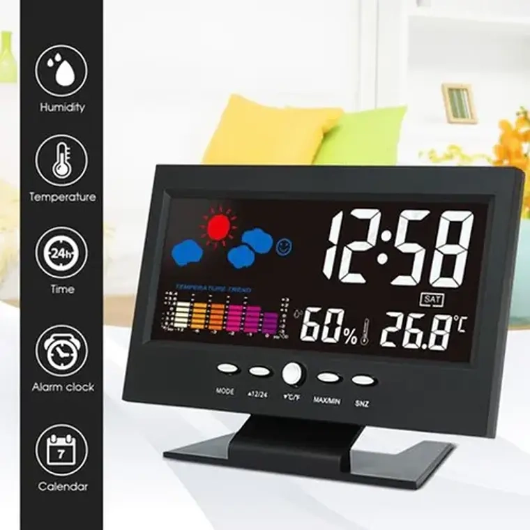 RELOJ DESPERTADOR LCD A COLOR LUZ TEMPERATURA CJ8082T - 1