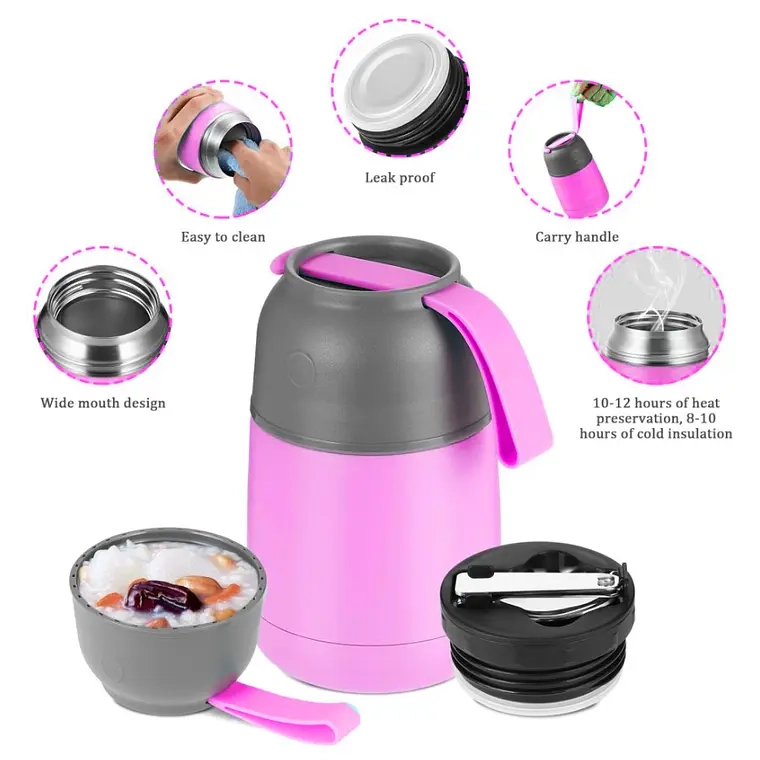 TERMO DE COMIDA ACERO INOXIDABLE DE 650ML + CUCHARA (Rosado) - 1