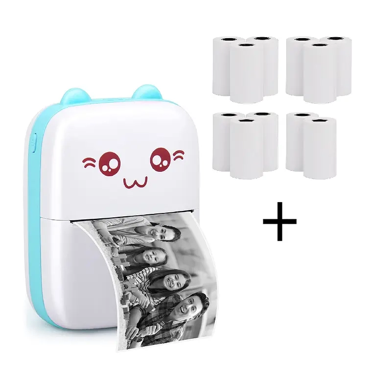MINI IMPRESORA TE RMICA PORTATIL BLUETOOTH GATITO + 11 ROLLOS (CELESTE) - 1
