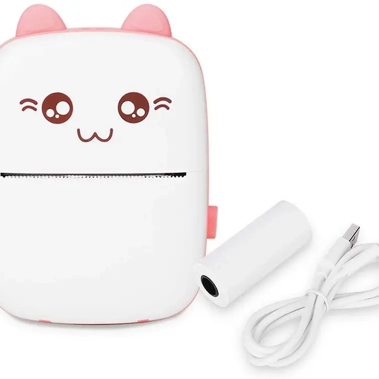 Mini Impresora Térmica Portátil Bluetooth Gatito + 1 Rollo (Rosado) - 1