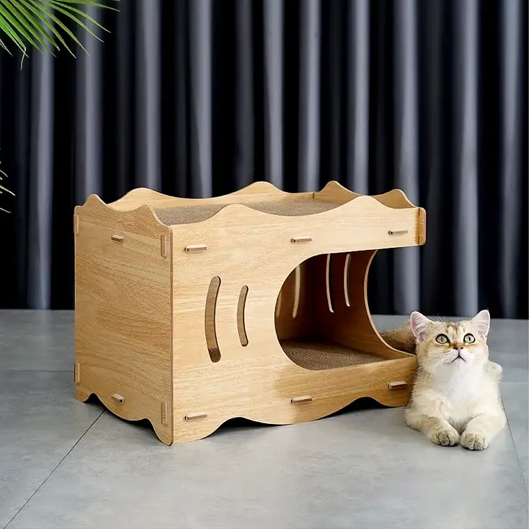 CAMA CASA DE MADERA PARA GATOS CON RASCADOR INTERNO - 1