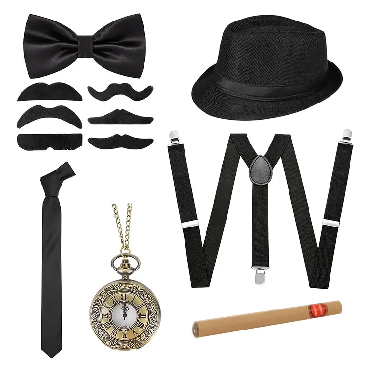 SET DE DISFRAZ FIESTA DE GATSBY 12 PIEZAS PARA HOMBRE DE LOS AÑOS 20 - 1