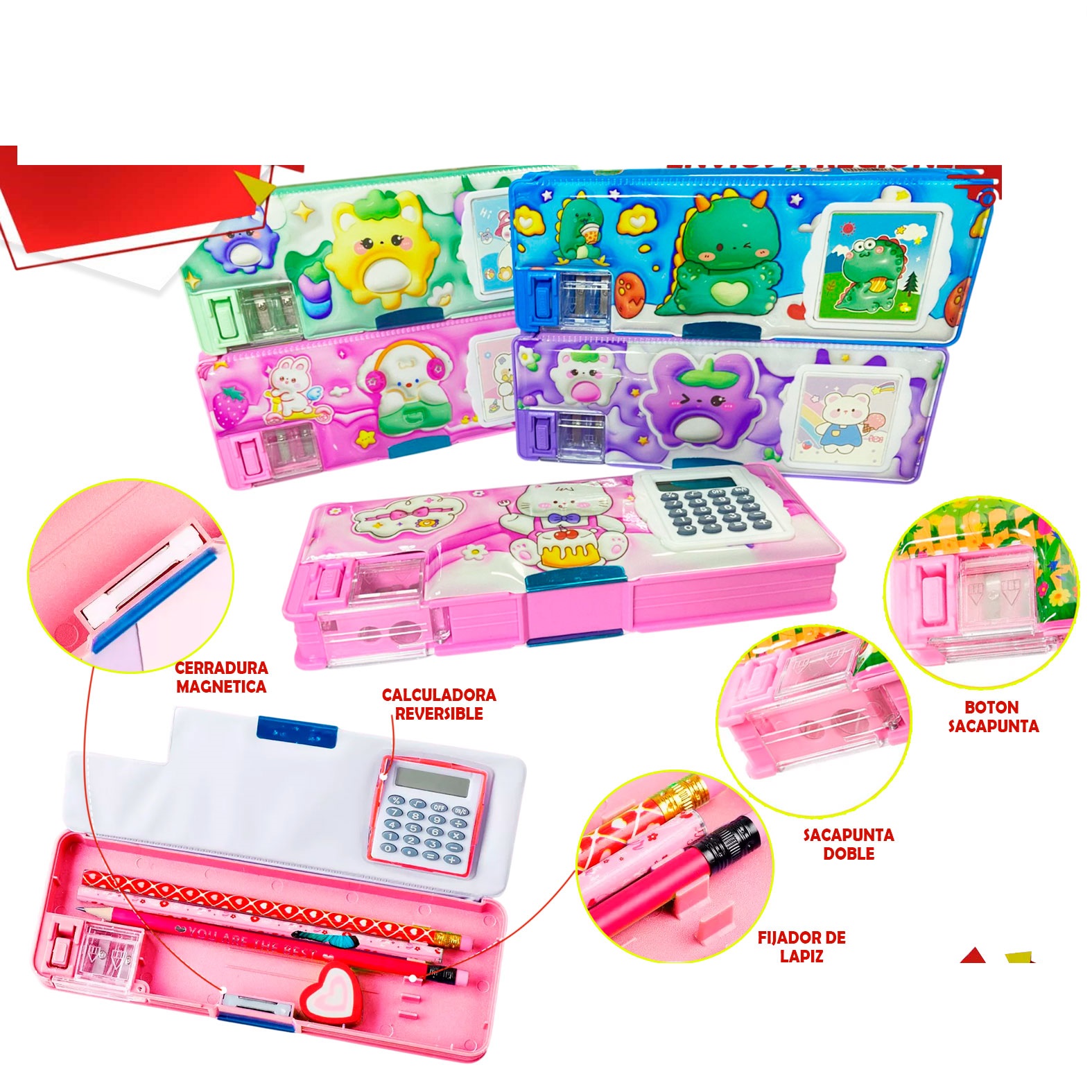 CARTUCHERA INFANTIL + SACAPUNTAS + CALCULADORA 9292 COLORES SURTIDOS - 1