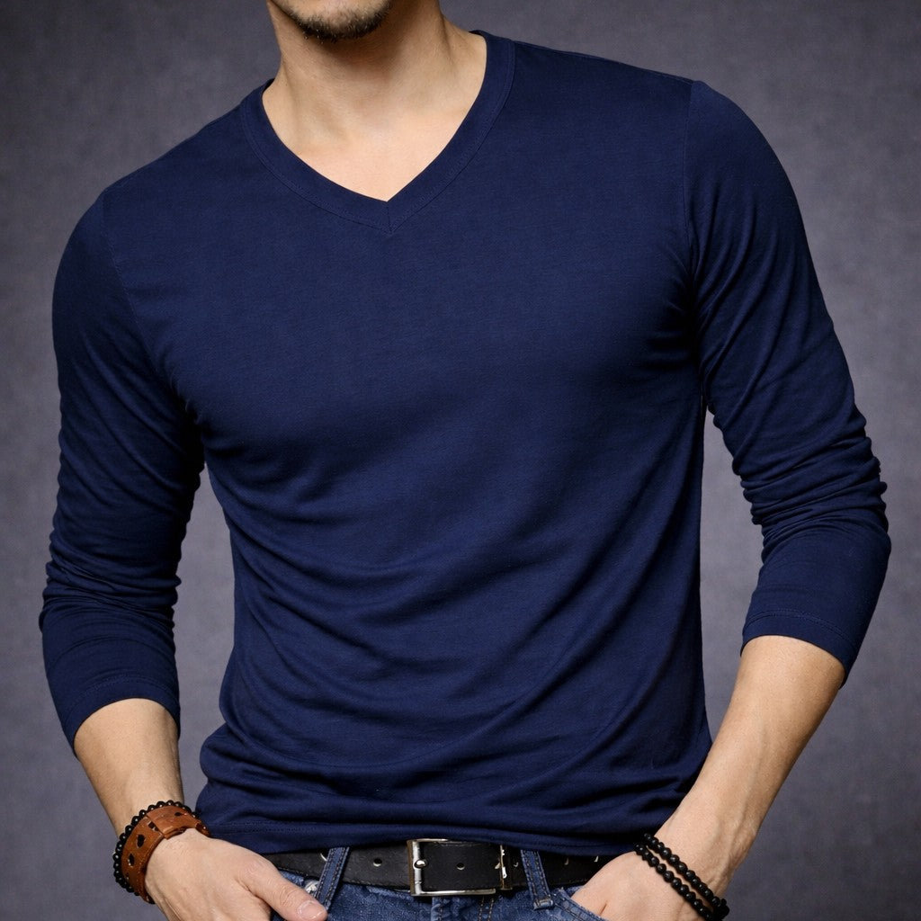 CAMISETA BAMBU HOMBRE MANGA LARGA CUELLO V Y CUELLO REDONDO AZUL M-XL CUELLO V - 1