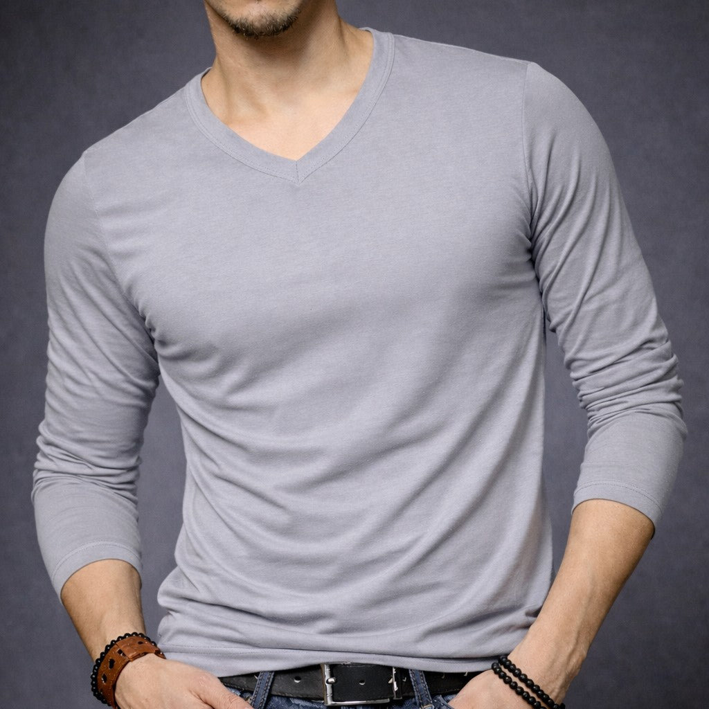 CAMISETA BAMBU HOMBRE MANGA LARGA CUELLO V Y CUELLO REDONDO GRIS M-XL CUELLO V - 1