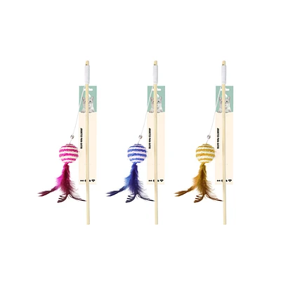 VARITA PARA GATO CON BOLA YUTE Y PLUMA 88CM COLOR ALEATORIO - 1