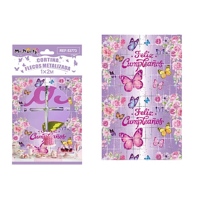 CORTINA DE FLECOS CUADRADAS MORADO CON MARIPOSAS 1*2M - 1