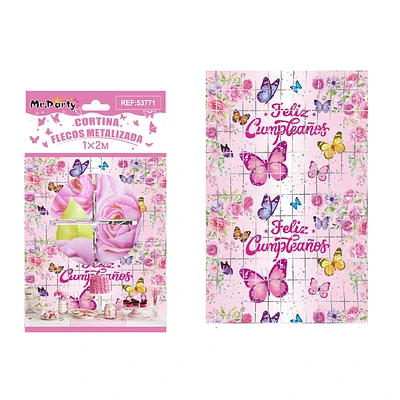 CORTINA DE FLECOS CUADRADAS ROSA CON MARIPOSAS 1*2M - 1