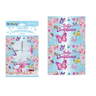 CORTINA DE FLECOS CUADRADAS AZUL CON MARIPOSAS 1*2M - 1