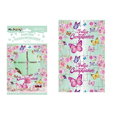 CORTINA DE FLECOS CUADRADAS VERDE CON MARIPOSAS 1*2M - 1