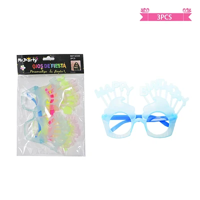 LENTES COTILLON FLUOR HAPPY BIRTHDAY COLORES SURTIDOS 3PCS - 1