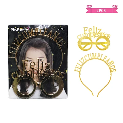SET DE LENTES Y CINTILLO FELIZ CUMPLEAÑOS DORADO - 1