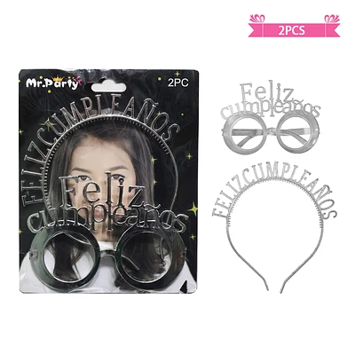 SET DE LENTES Y CINTILLO FELIZ CUMPLEAÑOS PLATEADO - 1