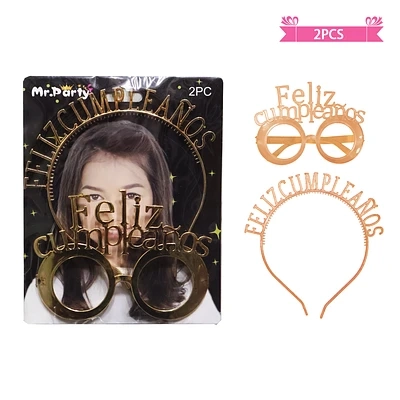 SET DE LENTES Y CINTILLO FELIZ CUMPLEAÑOS DORADO CHAMPAGNE - 1
