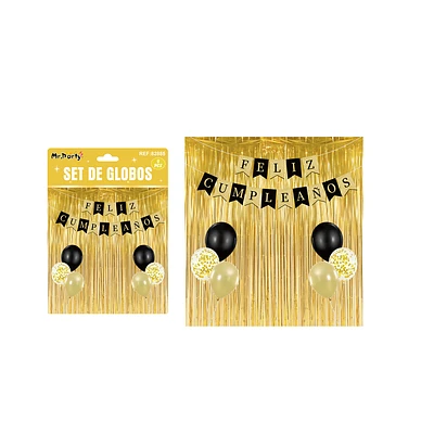 SET DE GLOBOS CON CORTINA Y GUIRNALDA DORADO Y NEGRO 9PCS - 1