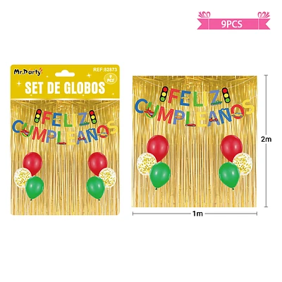 SET DE GLOBOS CON CORTINA Y GUIRNALDA DE AUTOS 9PCS - 1