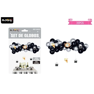 ARCO DE GLOBOS LATEX PLATEADO Y NEGRO CON COLGANTES 35PCS - 1