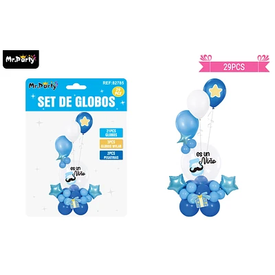 SET CON GLOBOS BURBUJAS BABY SHOWER AZUL 29PCS - 1