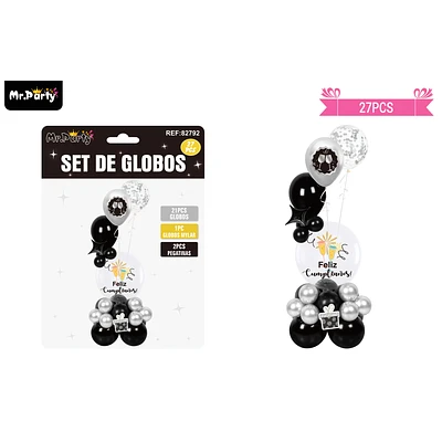 SET CON GLOBOS BURBUJAS PLATEANO Y NEGRO 27PCS - 1