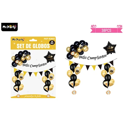SET DE GLOBOS LATEX Y GUIRNALDA NEGRO Y DORADO 38PCS - 1