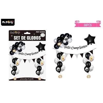 SET DE GLOBOS LATEX Y GUIRNALDA NEGRO Y PLATEADO 38PCS - 1