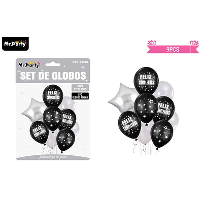 SET GLOBOS DE LATEX PLATEADO Y NEGRO 9PCS - 1